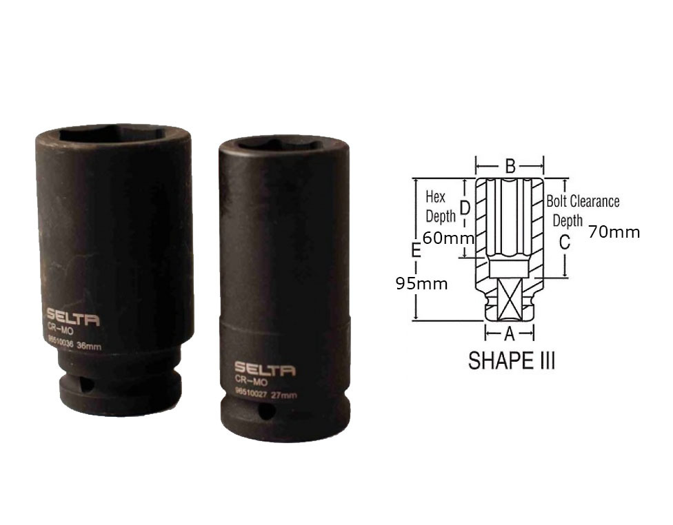 3/4" Dr. 6PT Cr-Mo 95mm/100mm/110/120mmL Extra Deep Impact Socket Made in Taiwan Option:21-70mm