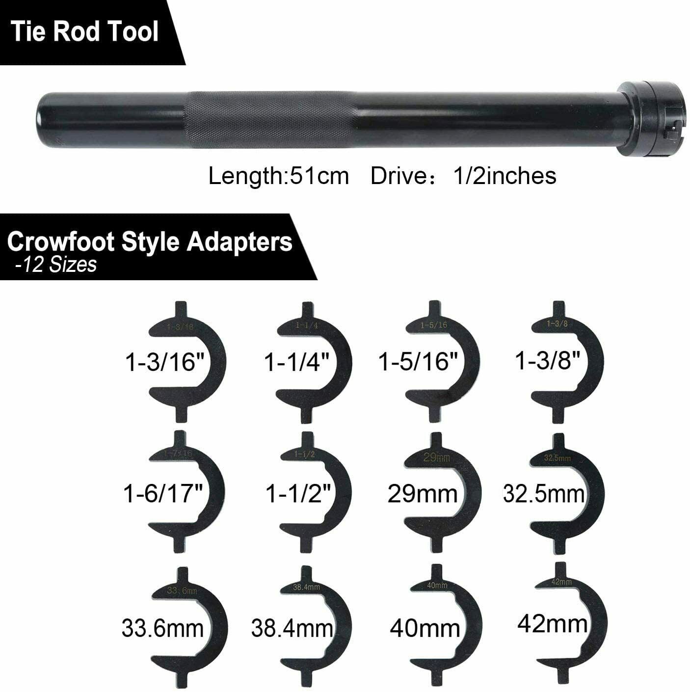 Master Inner Tie 1/2" Dr Rod End Installer Remover Tool Kit Set With 12 Metric & SAE Crows Foot Adaptors