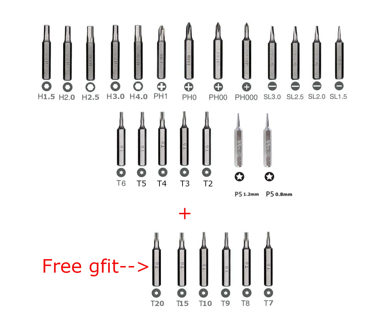 22pc Precision Screwdriver Set: Pentalobe 0.8 & 1.2mm; Torx T2,3,4,5,6; Phillips Hex Slotted