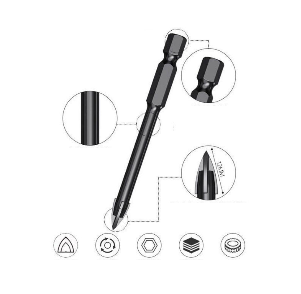 TCT Tungsten Carbide Ceramic Tile Glass Brick Drill Bit Cross Spear Head with Quick Change Shank