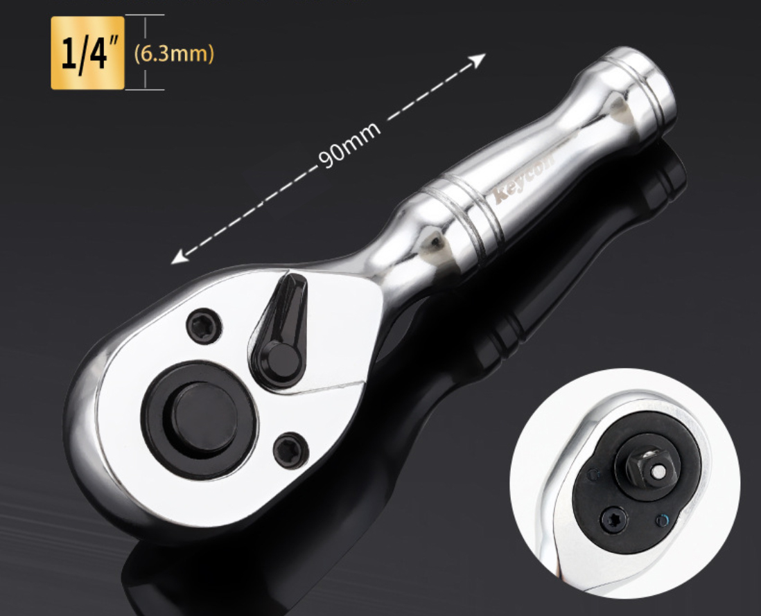 Cr-V 72T Reversible Ratchet Socket Drive Stubby Handle 1/2"-3/8"-1/4" 3pc Set