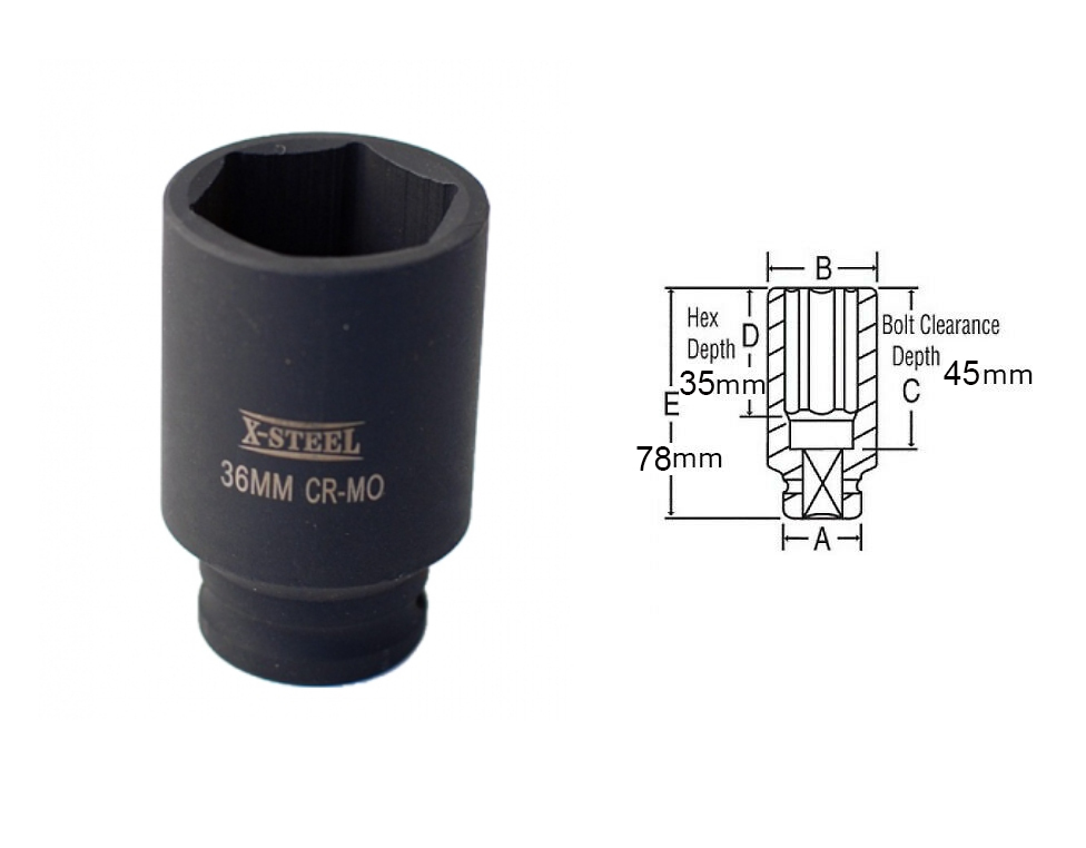 1/2" Dr Cr-Mo 6PT Deep Impact Socket 78mm Full Height Individual:8,9,10,13,14,15,16,17,18-55mm