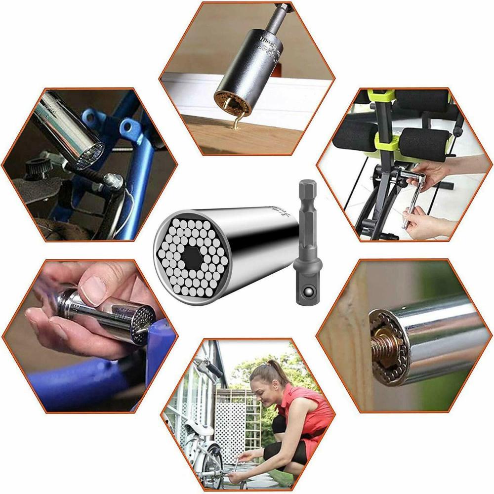 Gator Grip Cr-V Universal Socket+Power Drill Adapter 2pc Set 7-19mm 5/6/10/12PT Working Range