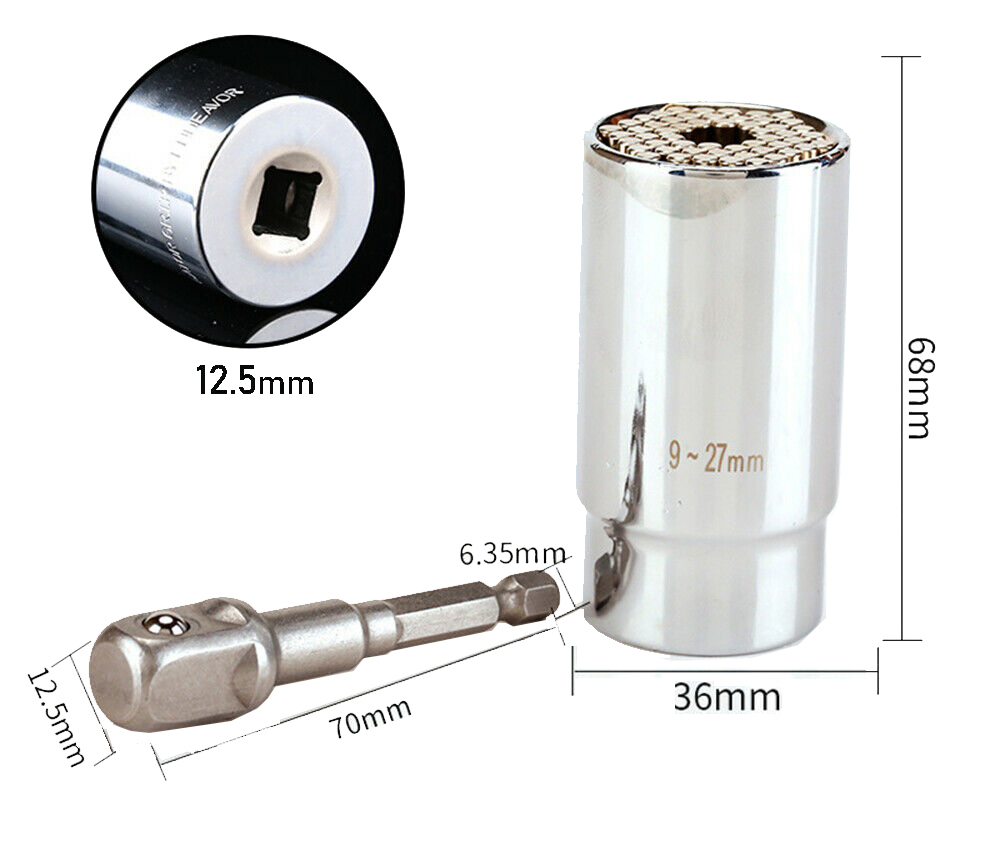Gator Grip Cr-V Universal Socket+Power Drill Adapter 2pc Set 7-19mm 5/6/10/12PT Working Range