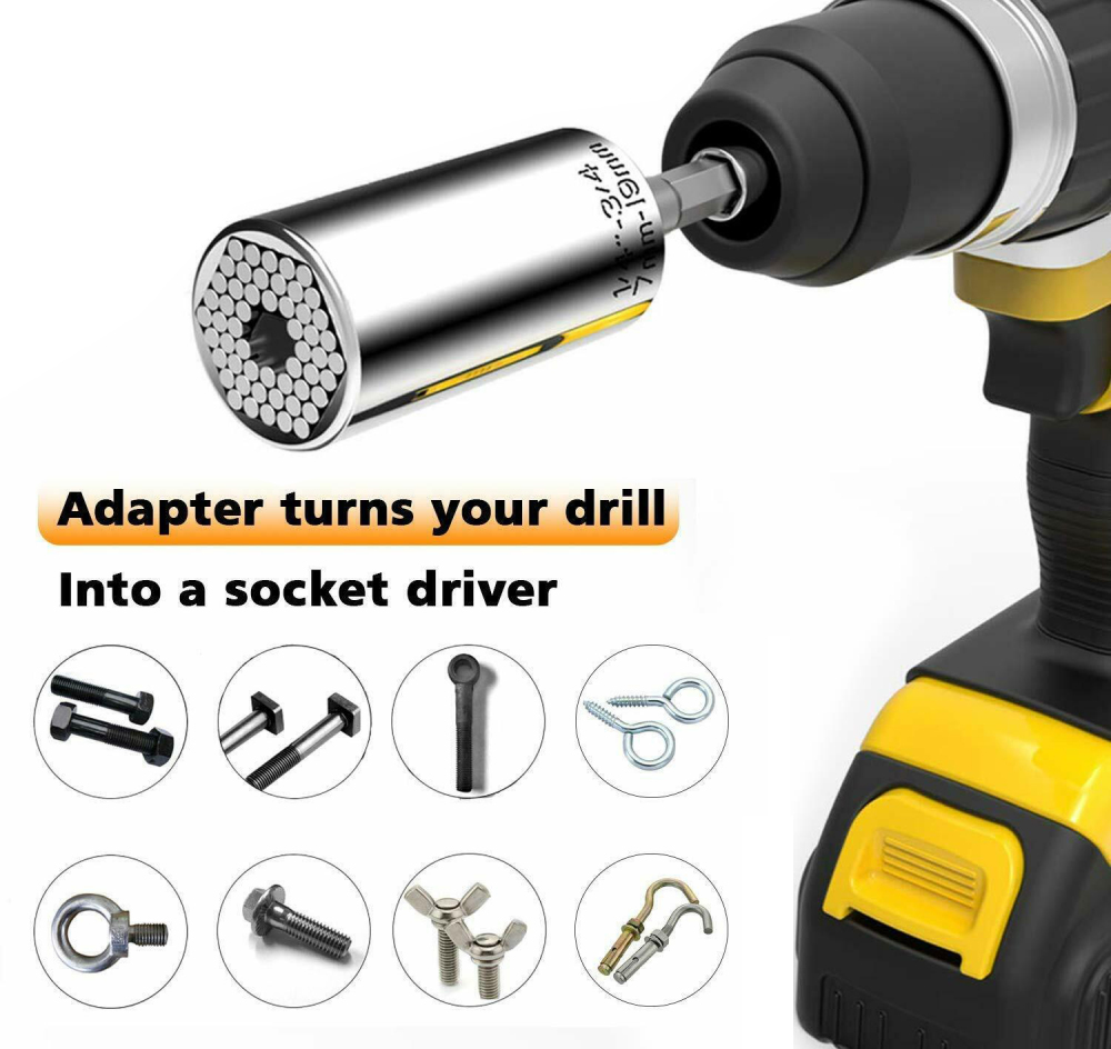 Gator Grip Cr-V Universal Socket+Power Drill Adapter 2pc Set 7-19mm 5/6/10/12PT Working Range