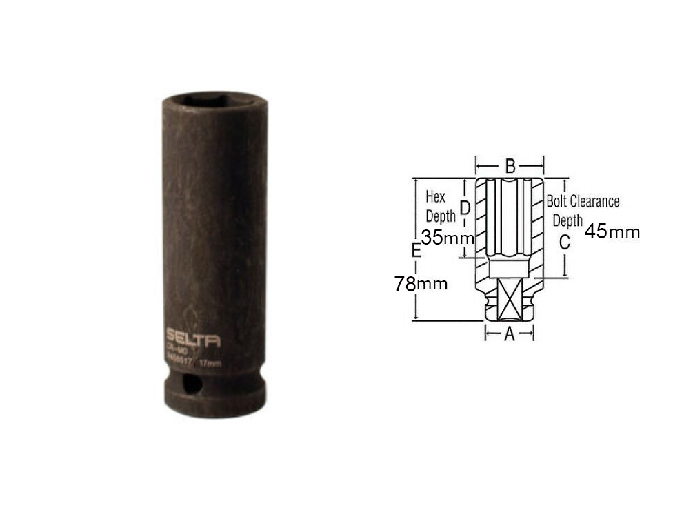 Steel Taiwan 13pc 1/2" Dr. 6PT Cr-Mo 78mmL Deep Impact Socket Set: 10,13,14,15,17,18,19,21...32mm