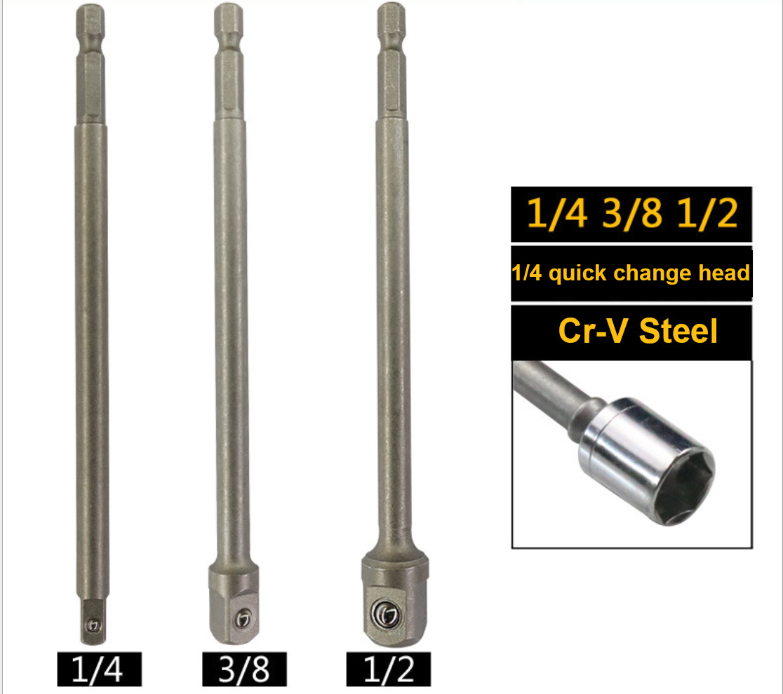 Power Driver Adaptor Extension Bar Drill Bits Socket Holder Adapter Option: 1/4"-3/8"-1/2"-3pc Set