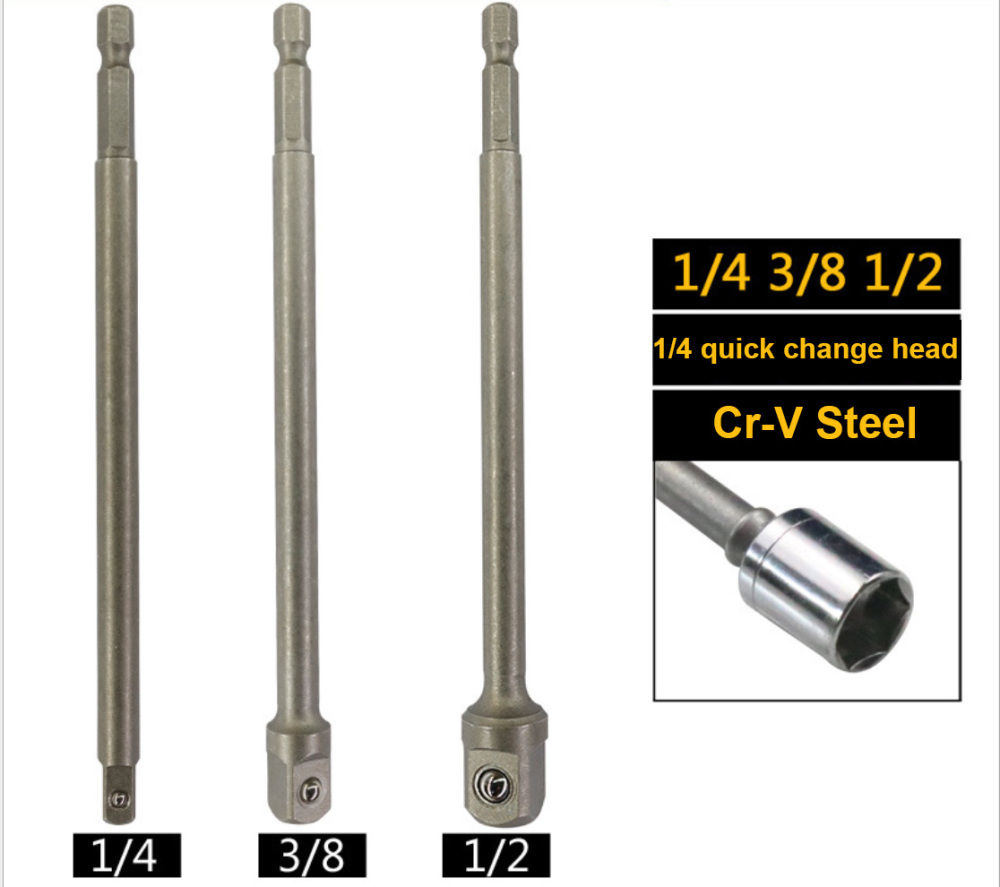Power Driver Adaptor Extension Bar Drill Bits Socket Holder Adapter Option: 1/4"-3/8"-1/2"-3pc Set