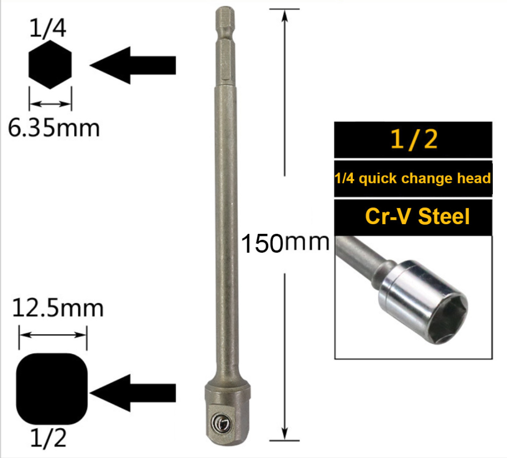 Power Driver Adaptor Extension Bar Drill Bits Socket Holder Adapter Option: 1/4"-3/8"-1/2"-3pc Set