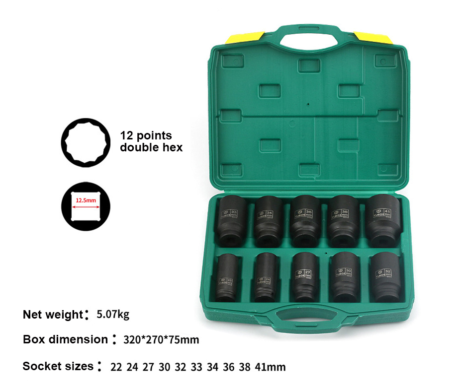 1/2" Dr Cr-Mo 12PT Double Hex 78mmL Deep Impact Socket Set