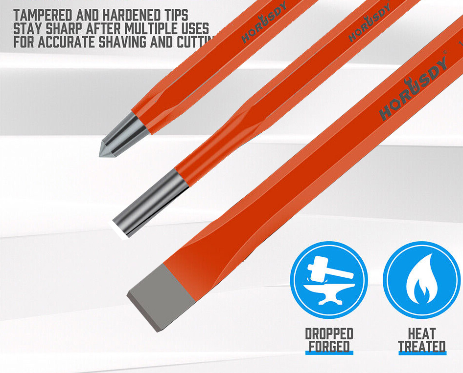 12pc Mechanic's Steel Chisel & Punch Set: Pin Center taper Punches Cold Chisels