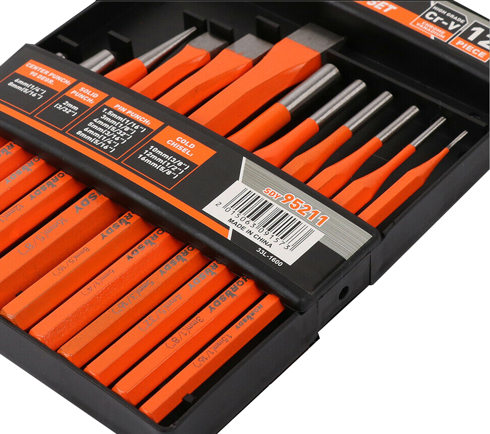 12pc Mechanic's Steel Chisel & Punch Set: Pin Center taper Punches Cold Chisels