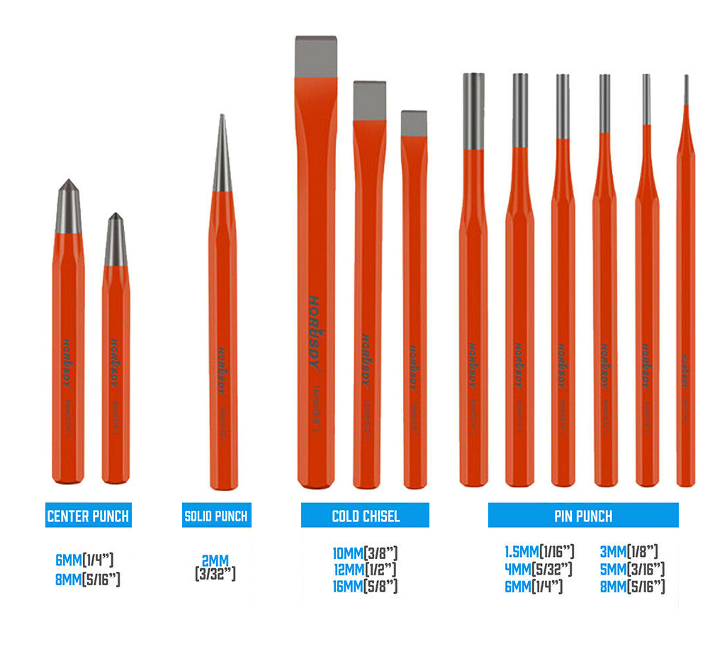 12pc Mechanic's Steel Chisel & Punch Set: Pin Center taper Punches Cold Chisels