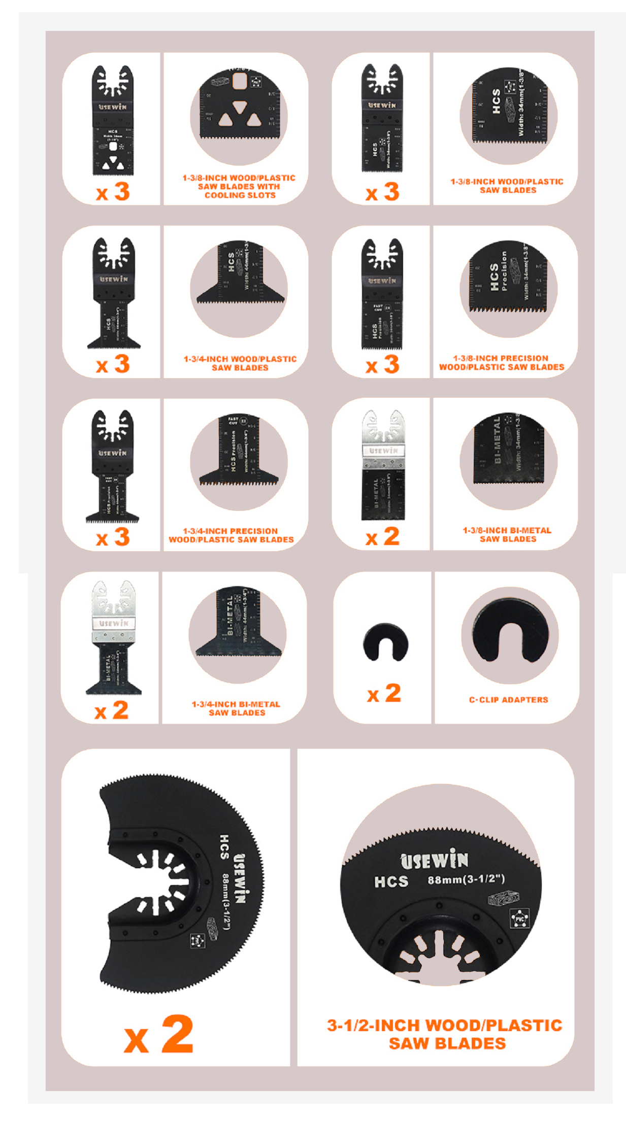 Usewin 23pc Oscillating Saw Blades Set for Quick Release Multi-tool, Metal/Wood BIM HCS Blades