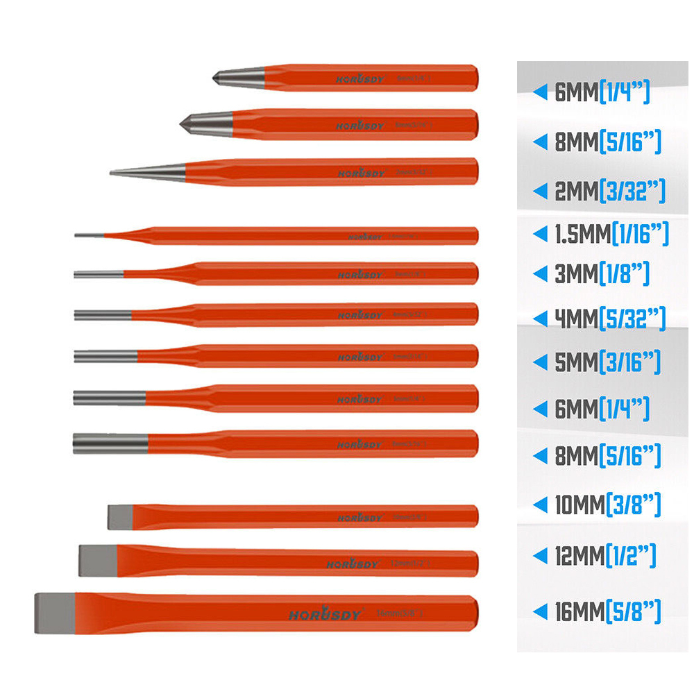 12pc Mechanic's Steel Chisel & Punch Set: Pin Center taper Punches Cold Chisels