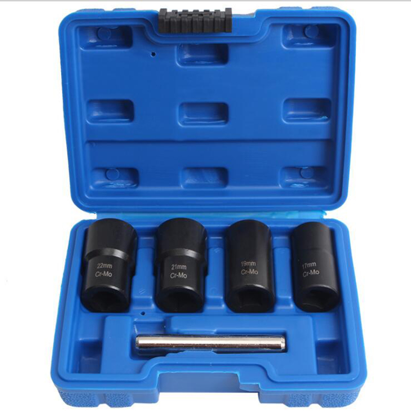 5pc 1/2" Dr. Cr-Mo Spiral Twist Socket for Damaged Round Bolt Lug Nut:17,19,21,22mm