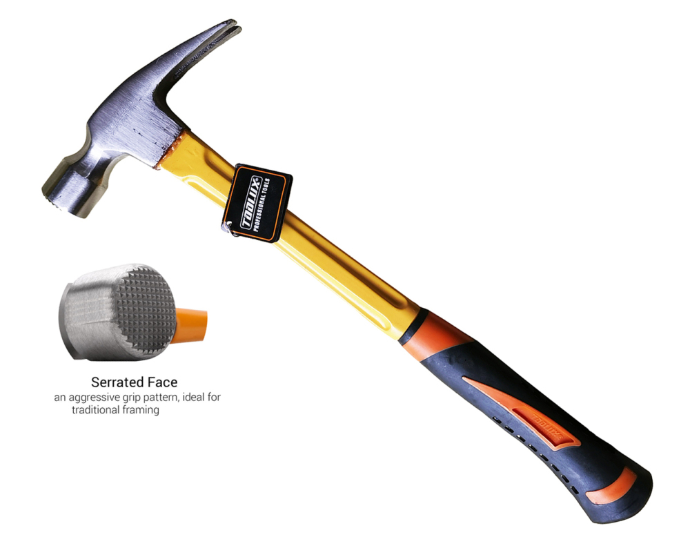 415mm Overall Length Claw Hammer Long Fiberglass Handle 24oz Bent or Straight Serrate Face
