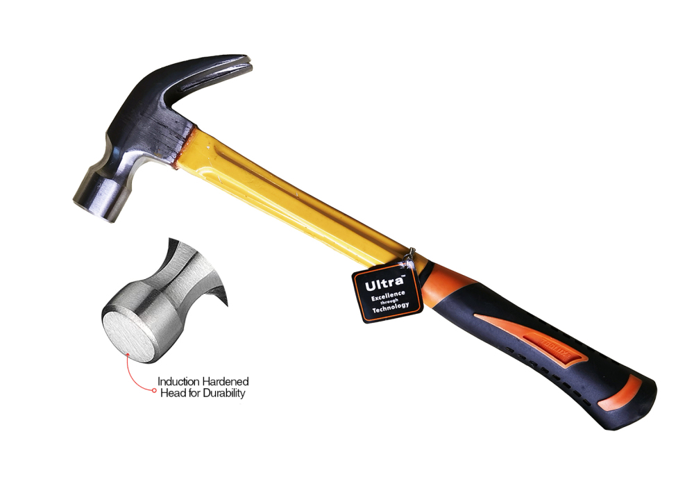 415mm Overall Length Claw Hammer Long Fiberglass Handle 24oz Bent or Straight Serrate Face