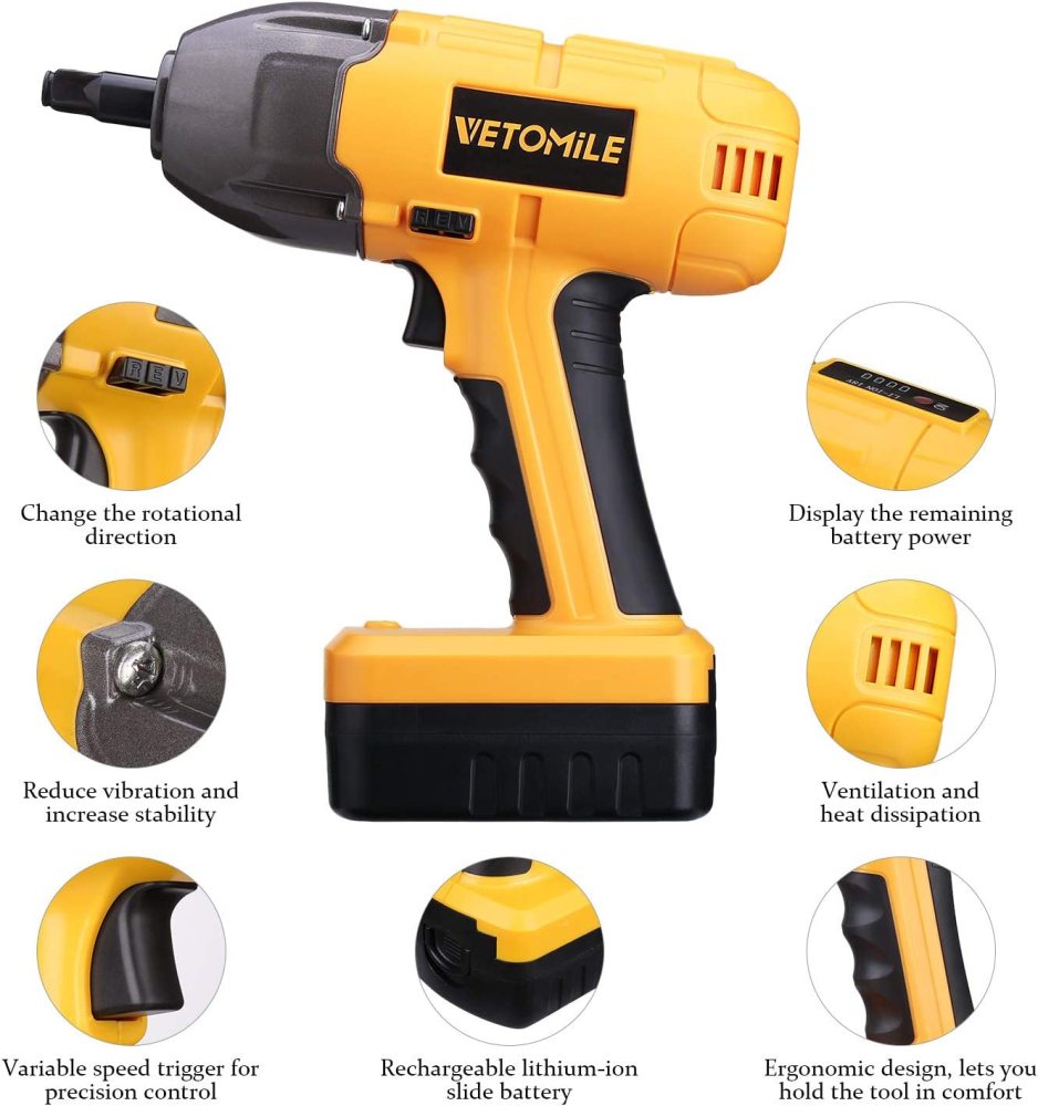 VETOMILE 18V Cordless Impact Wrench Max 500Nm Torque Rechargeable Li-Ion Battery