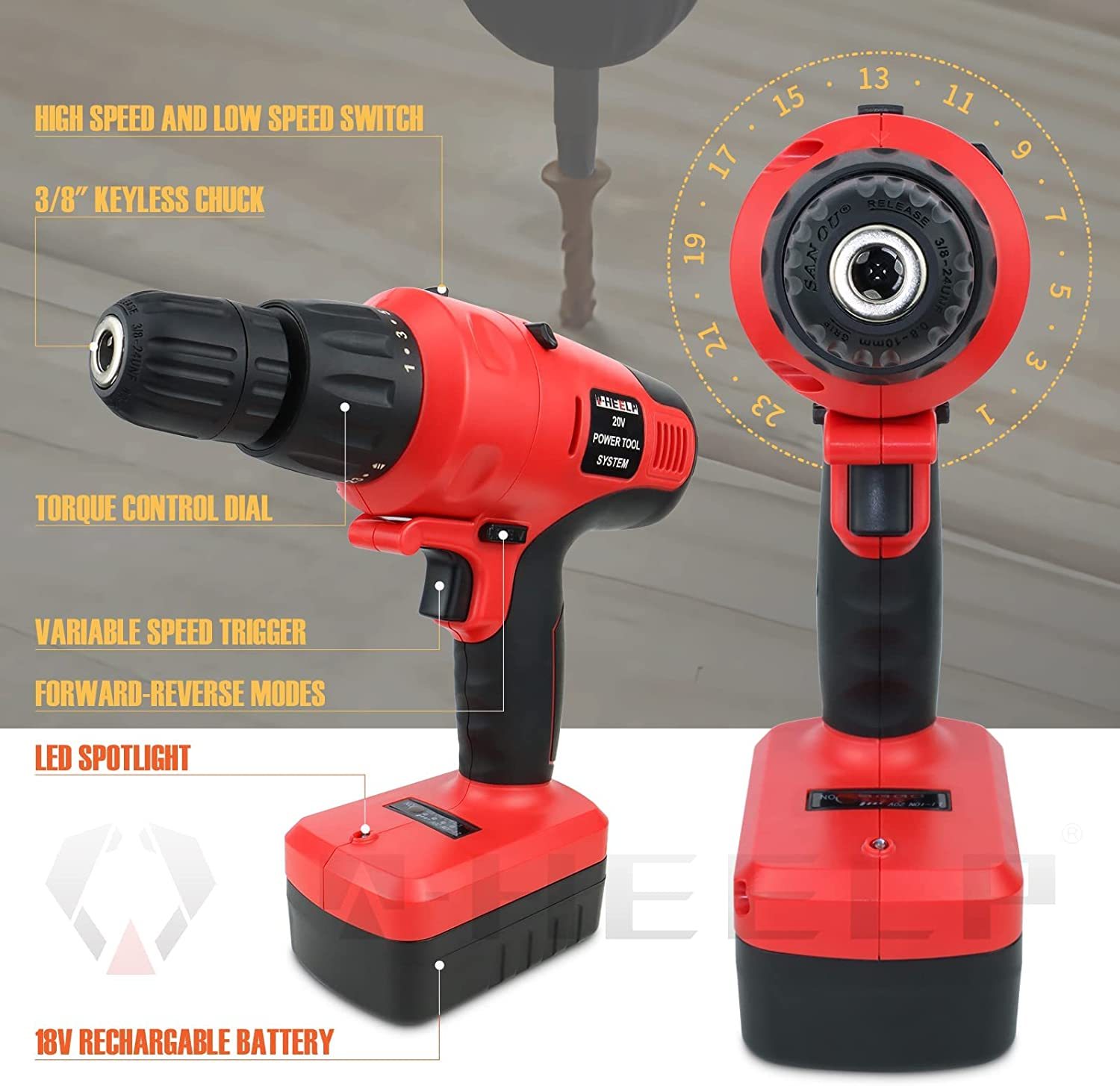 2-in-1 20V Cordless 2 Head Quick Connect Electric Impact Wrench Drill/Driver Combo Kit