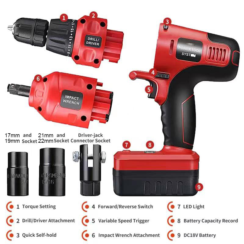2-in-1 20V Cordless 2 Head Quick Connect Electric Impact Wrench Drill/Driver Combo Kit