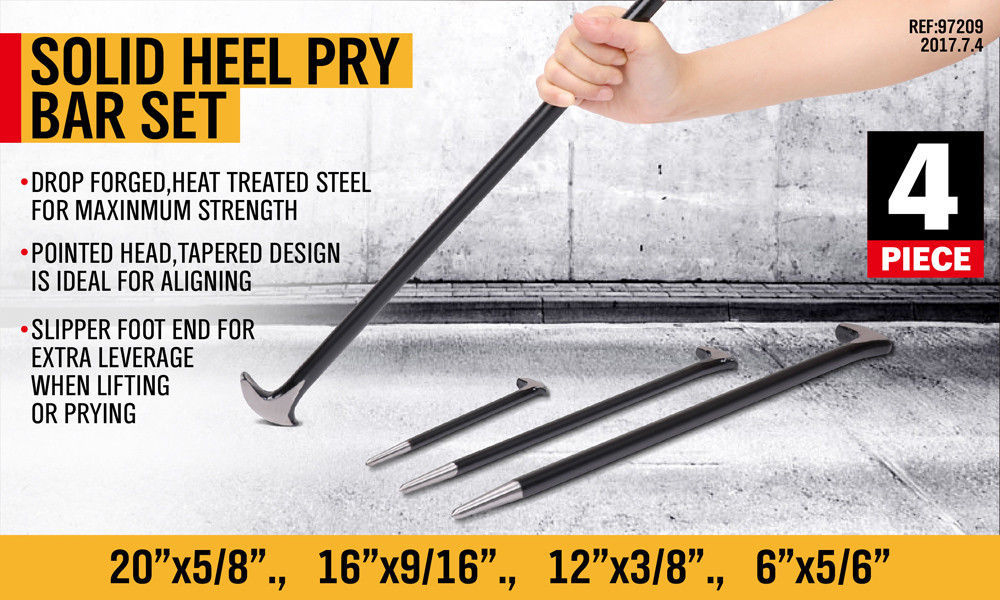 4pc Heavy Duty Solid Steel Pry Bar Rolled Heel Prying Podger Pinch Lever Bars