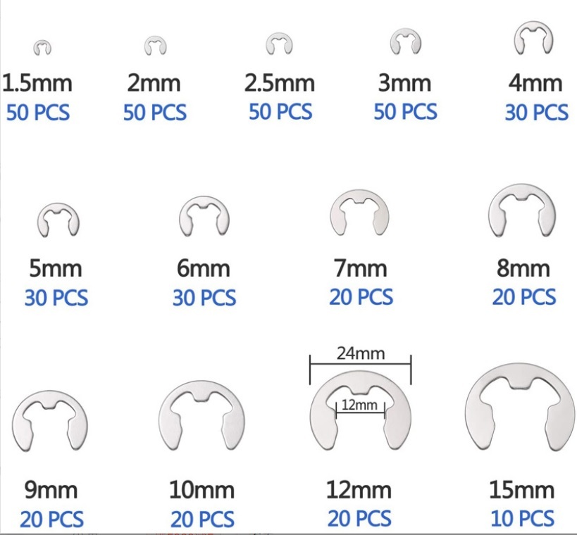 304 Stainless Steel 400pcs E-Clip Circlips Snap Assortment Metric Size: 1.5mm-15mm