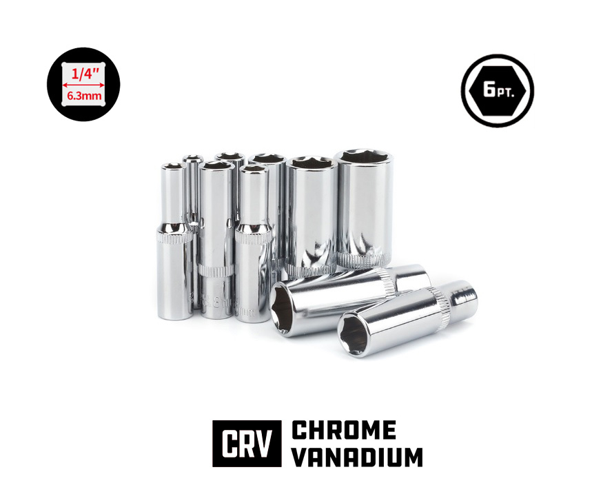 11pc Cr-V 1/4" Dr 6pt 50mm Length Deep Socket Set: 4-5-6-7-8-9-10-11-12-13-14mm
