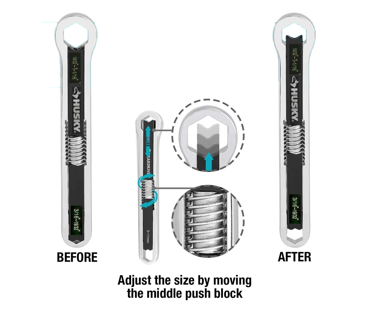 Husky Total Socket Universal Adjustable Wrench Dual Head 5-17+17-27mm/ 3/16" to 19/32"+19/32" to 1-1/16"