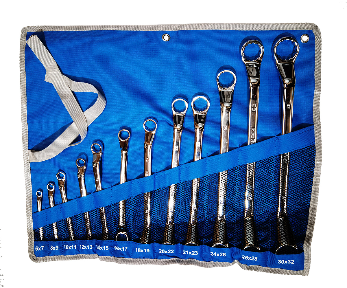 Double Offset Ring Spanner Set Mirror Polished with Canvas Roll Pouch 8pc/12pc