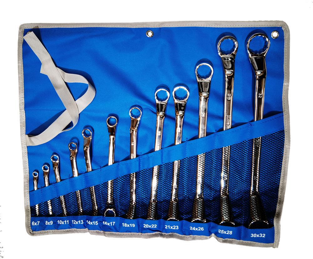 Double Offset Ring Spanner Set Mirror Polished with Canvas Roll Pouch 8pc/12pc