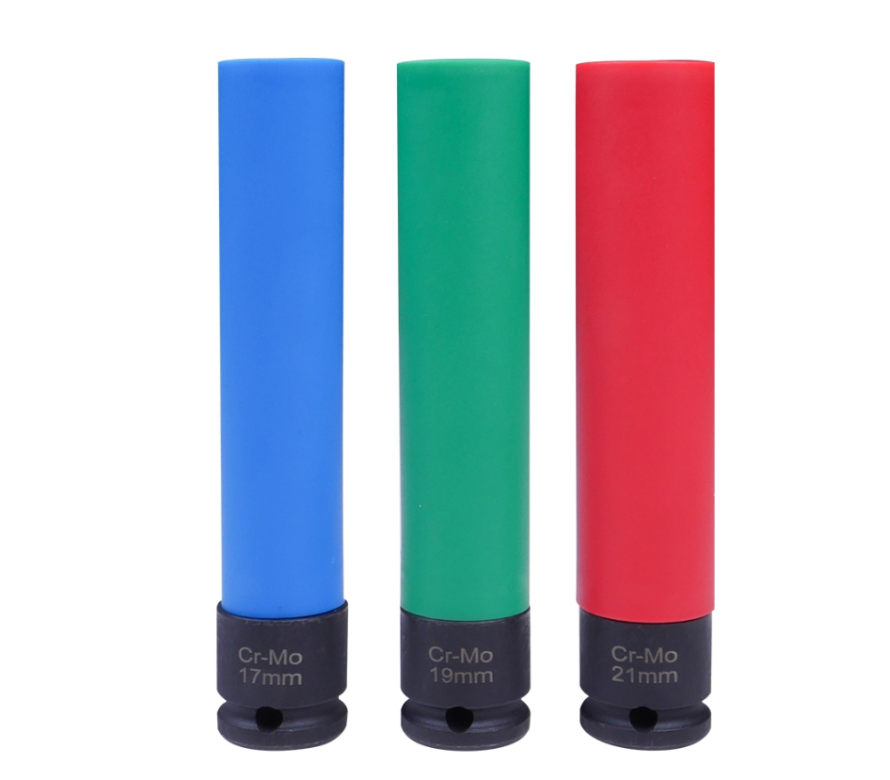 3pc 1/2" Dr Cr-Mo 150mmL Deep Mag Wheel Nut Socket Sleeve: 17,19,21mm