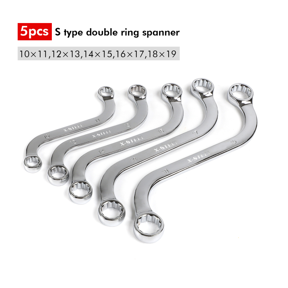 5pc S Type (Obstruction) Ring Spanner Wrench Set:10x11,12x13,14x15,16x17,18x19mm