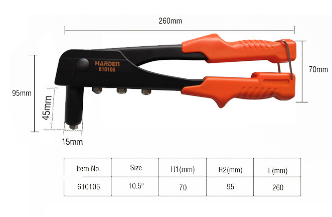 10.5"/260mm Hand Riveter Gun Rivet Pliers 45mm Long Nose 4 Nozzle Fit 2.4,3.2,4.0,4.8 Rivets