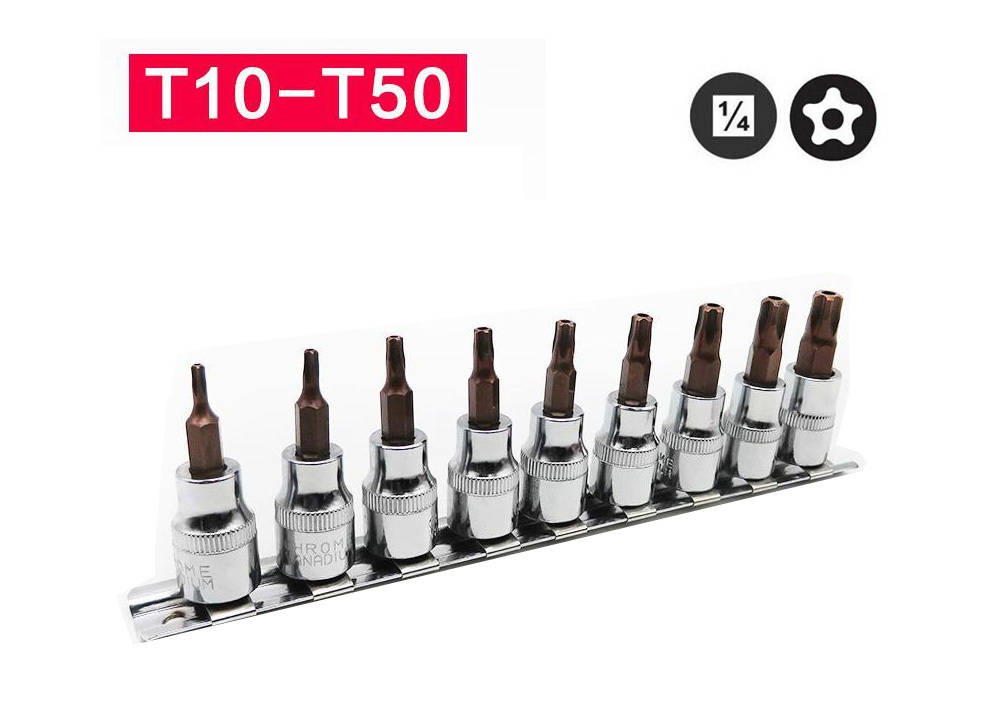9pc 5PT Five-sided Star Tamperproof Socket Bits: TS10-15-20-25-27-30-40-45-50