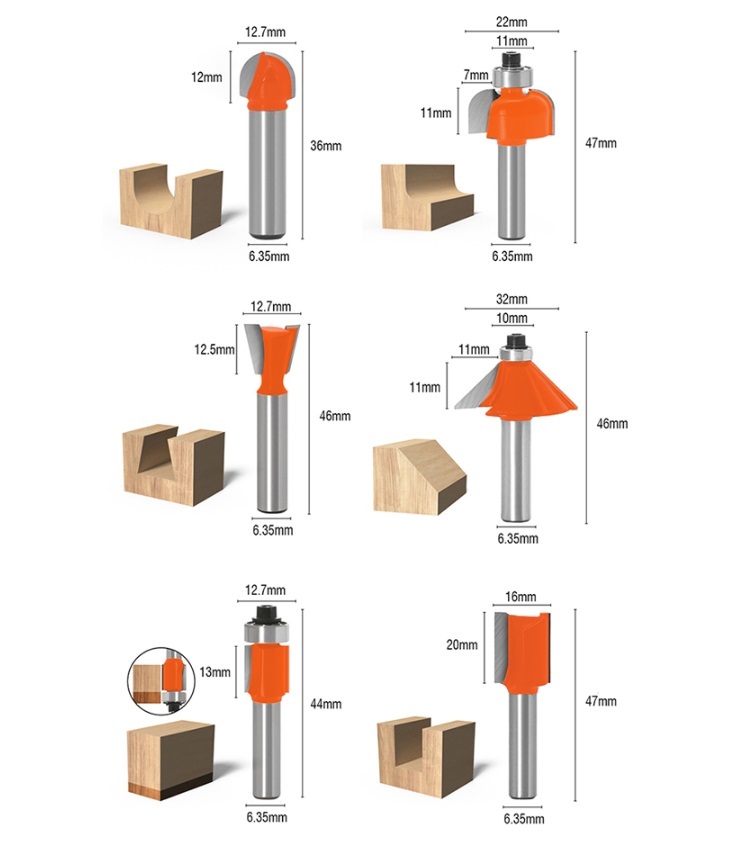 12pc Router Bits Set YG8 Tungsten Cutting Tips 1/4" Dia Shank