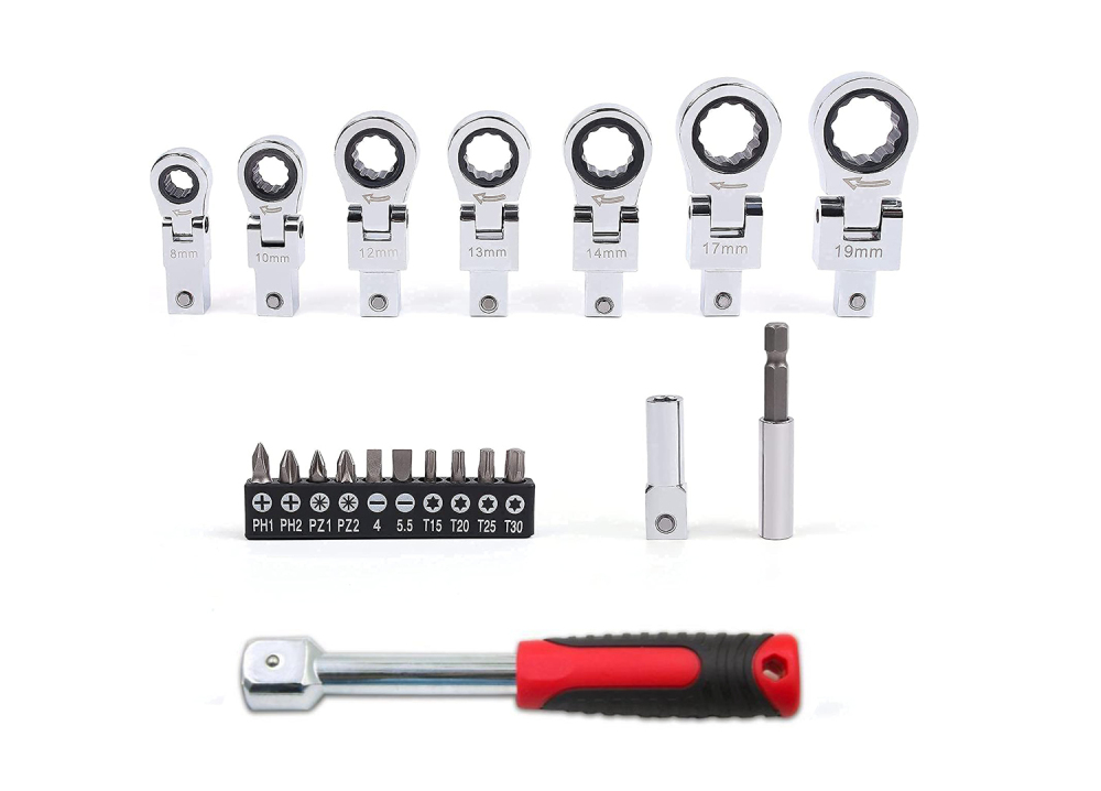 8-19mm Interchangeable Flex Insert Head Ratchet Wrench with Drive Handle Adapter & Bits 20pc Set