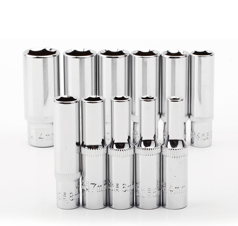 11pc Cr-V 1/4" Dr 6pt 50mm Length Deep Socket Set: 4-5-6-7-8-9-10-11-12-13-14mm