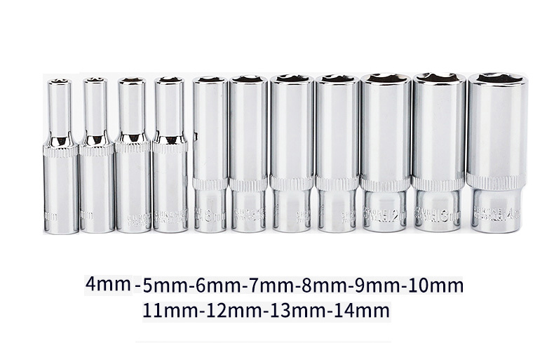 11pc Cr-V 1/4" Dr 6pt 50mm Length Deep Socket Set: 4-5-6-7-8-9-10-11-12-13-14mm