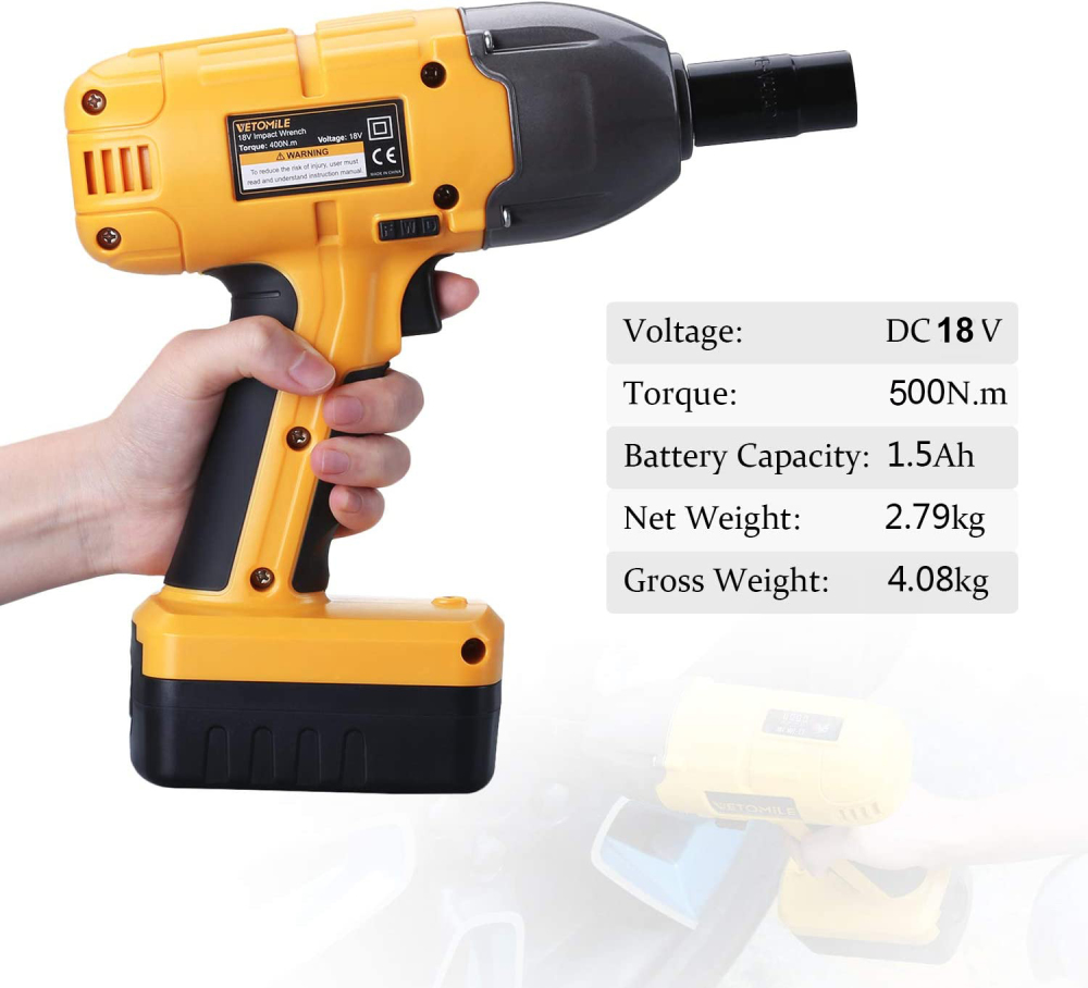 VETOMILE 18V Cordless Impact Wrench Max 500Nm Torque Rechargeable Li-Ion Battery