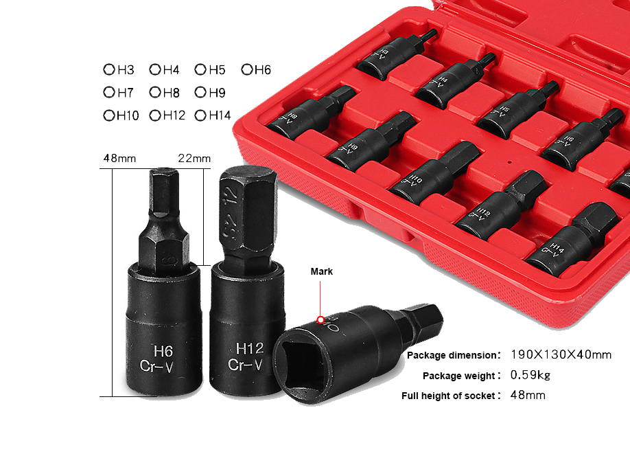 H3-H14mm 48mmH Stubby 10pc 3/8" Dr. S2 Steel Hex Allen Socket Bits Set