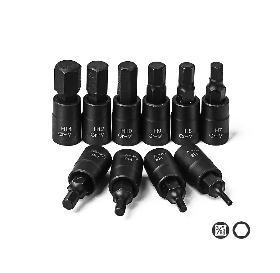H3-H14mm 48mmH Stubby 10pc 3/8" Dr. S2 Steel Hex Allen Socket Bits Set