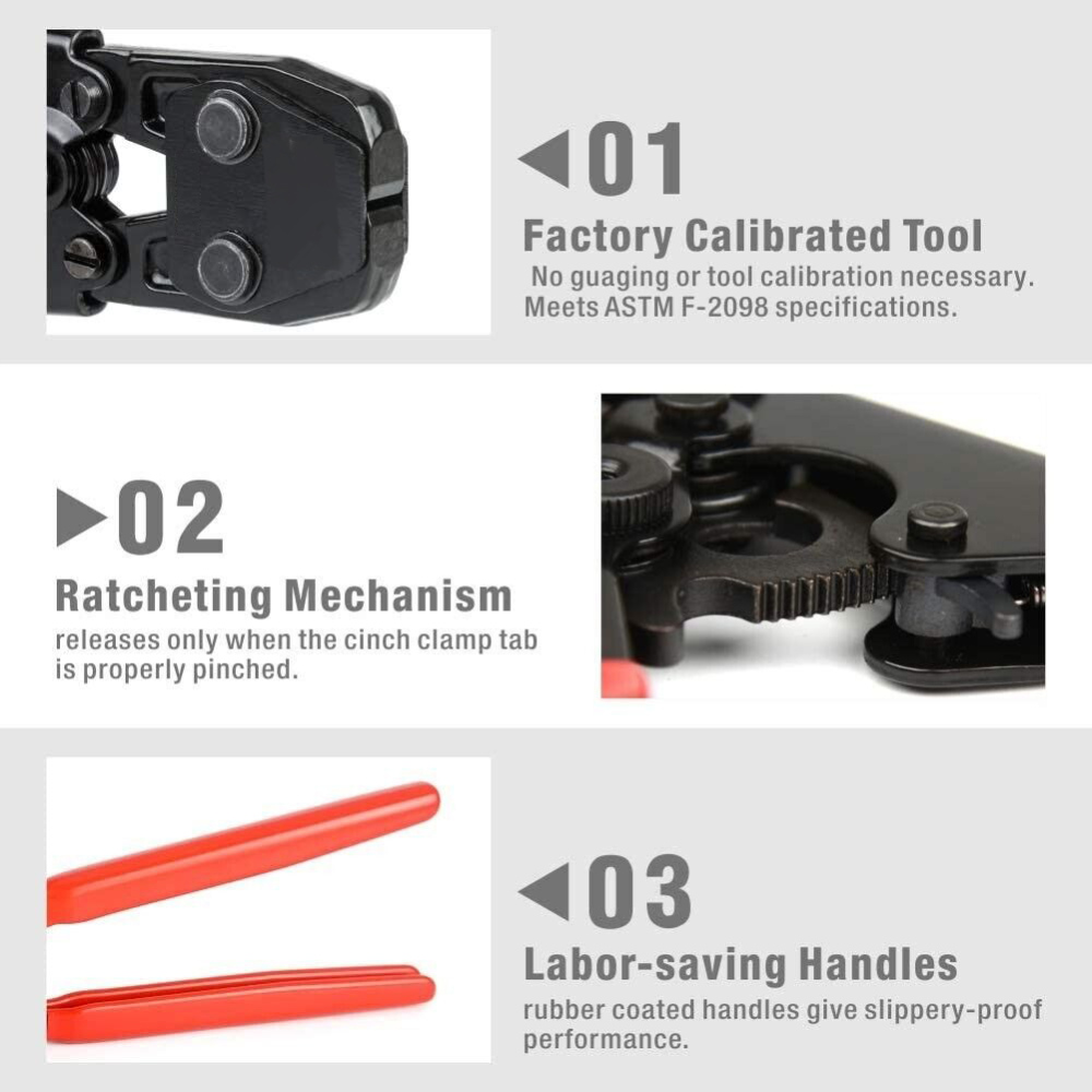 PEX Cinch Clamp Tool for Fastening Stainless Clamps from 9.5mm to 25mm with Calibration Gauge