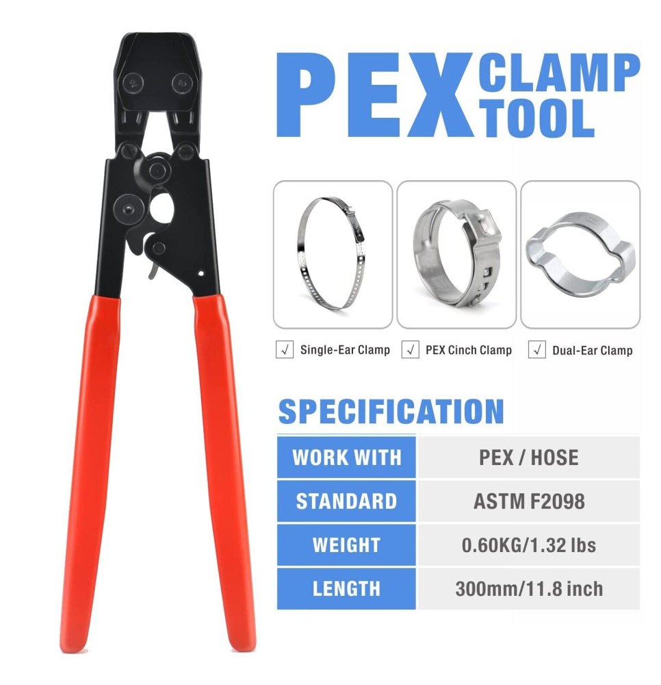 PEX Cinch Clamp Tool for Fastening Stainless Clamps from 9.5mm to 25mm with Calibration Gauge