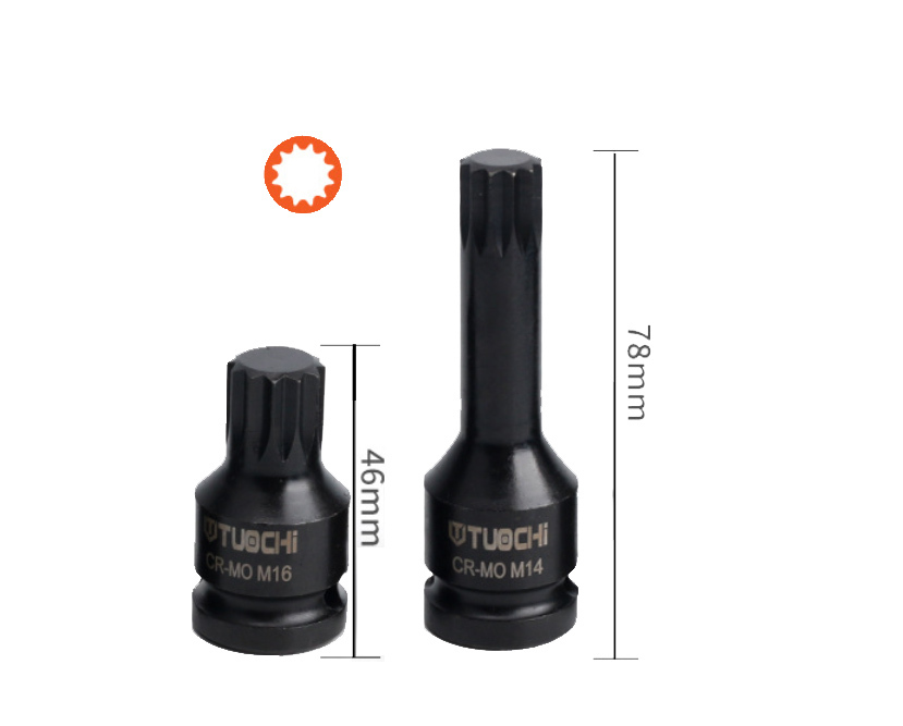 M14,M16,M18 6pc 1/2" Dr. Spline Impact Socket Bit for Volkswagen VAG Hub Caliper 46/78mm Length