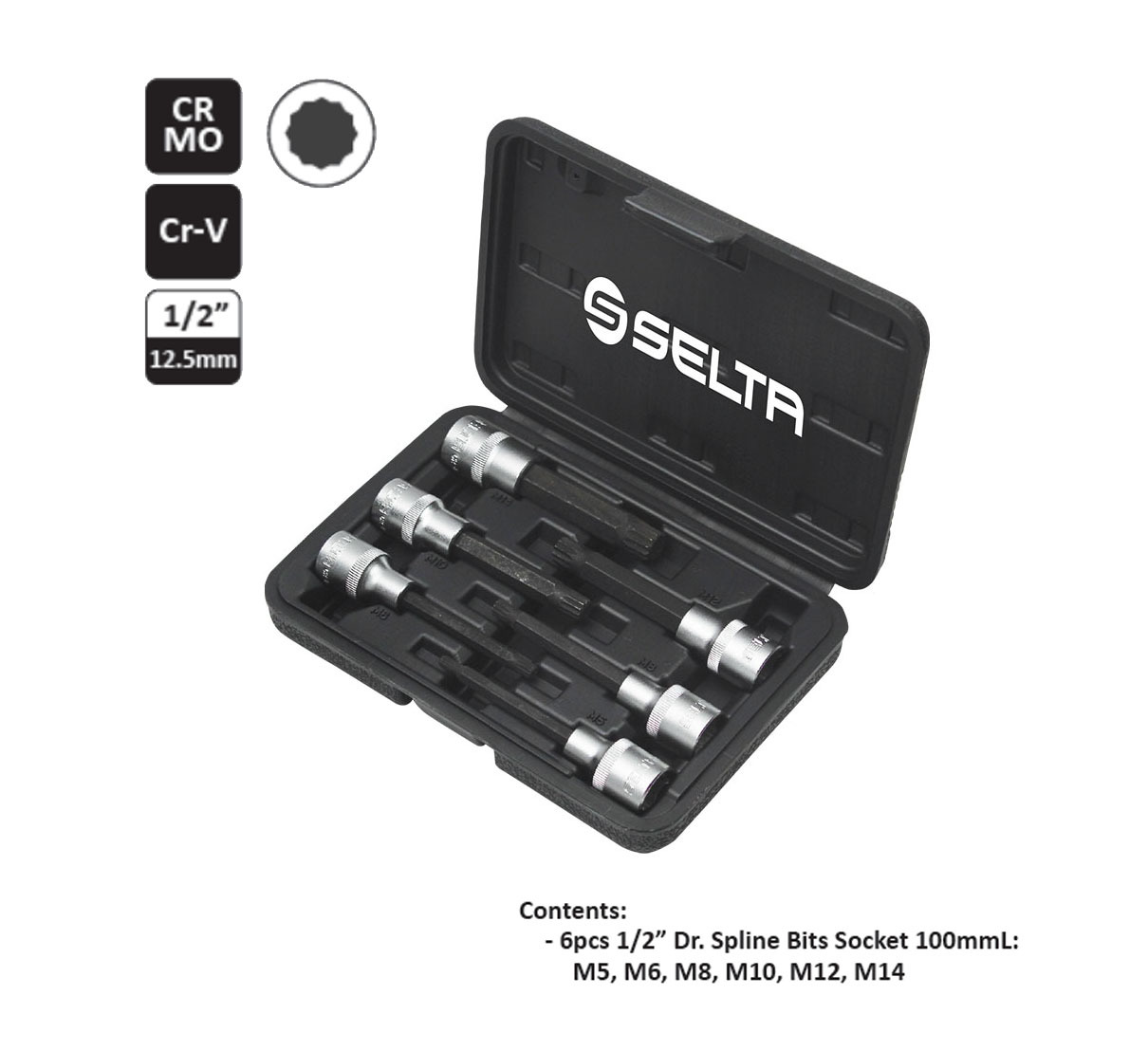Selta Taiwan 6pc 1/2" Dr Cr-Mo 100mmL 12pt Spline Socket Bit Set M5-6-8-10-12-14