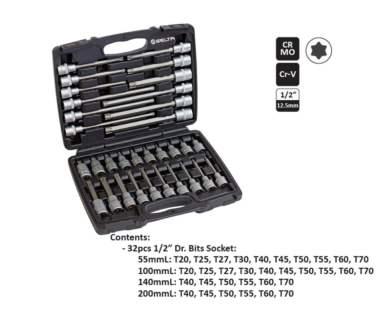 Selta Taiwan 32pc 1/2" Dr Star Torx Key Socket Bits: T20-T70/55/100/140/200mmL