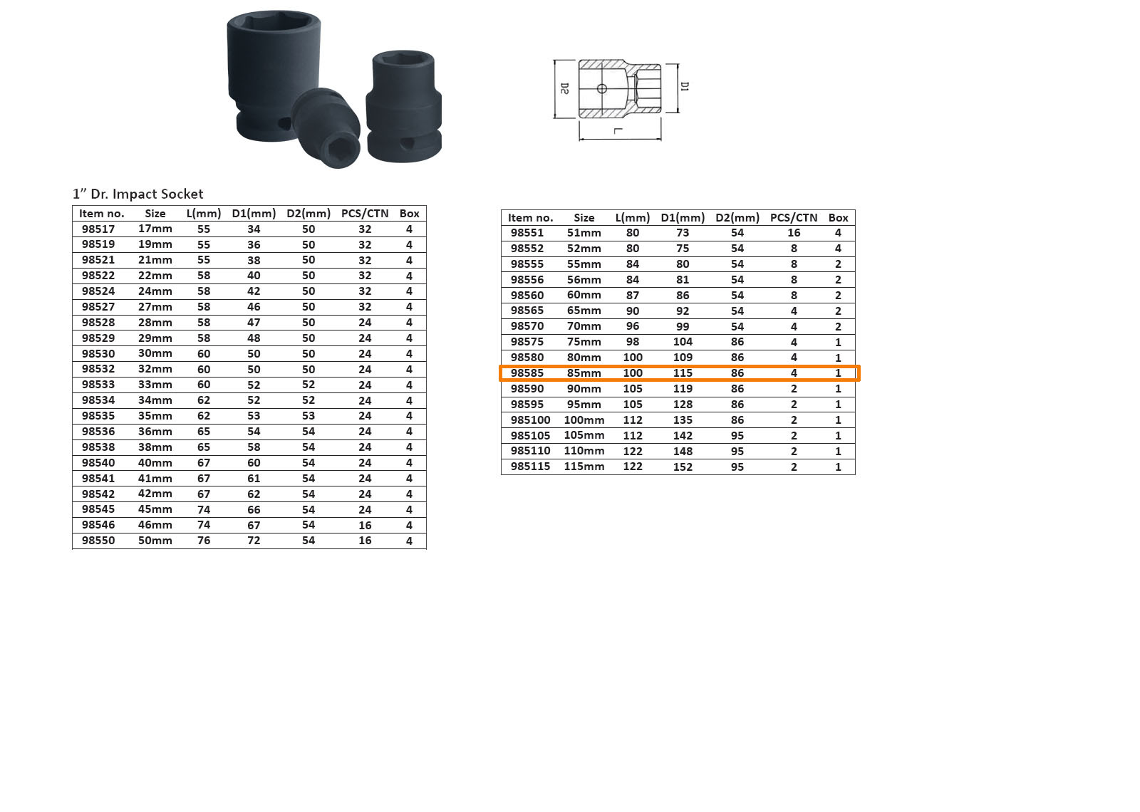 Selta Taiwan Industrial Heavy Duty 1" Dr Cr-Mo 85mm 6pt 100mmH Air Impact Socket