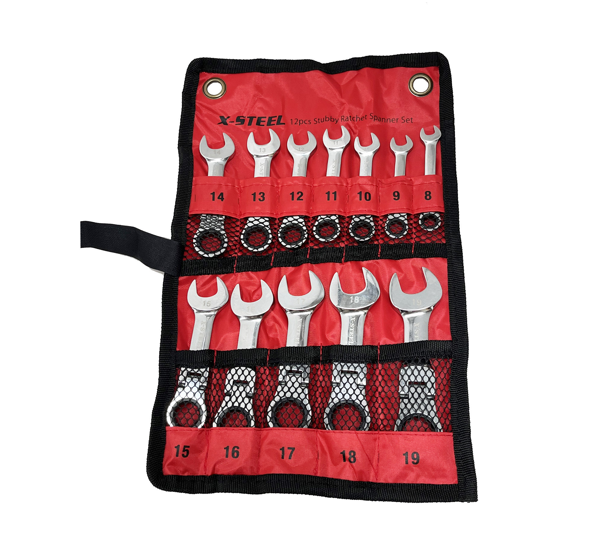 Cr-V Flexible Stubby Ratchet Combination Ring & Open Spanner 8-19mm 12pc Set