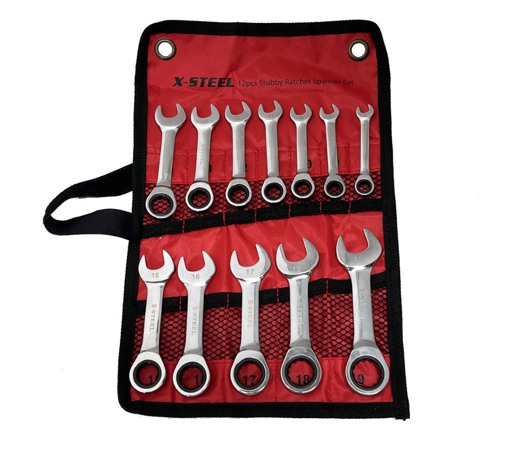 Cr-V Mirror Finish Stubby Ratchet Combination Ring & Open Spanner 8-19mm 12pc Set